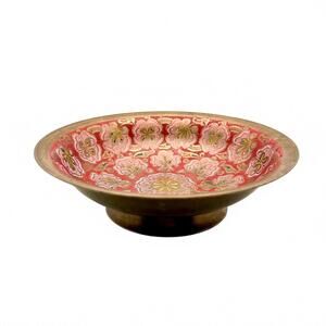 Vintage Enameled Brass Pedestal Bowl Pink Floral Decor Ivory Palace Delhi India